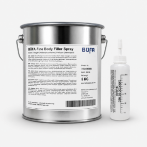 Masilla a spray Body Filler BÜFA con catalizador para nivelado de superficies y acabado liso profesional.